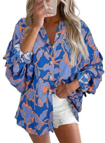 Astylish Womens Boho Floral Loose Spring Summer Tops Trendy Beach Vacation Clothes Lantern Sleeve Flowy Blouses V Neck Breathable Button Down Business Casual Shirts Blue Medium - Image 1