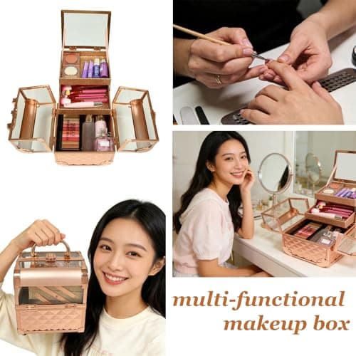 VETALLO Travel Makeup Case Organizer, Protable Cosmetic Case Storage with 2 Trays Mirror,Makeup Train Case Organizer,Make Up Box,Makeup Train Case for Nail Jewellery Vanity Storage Case - Thumbnail 4