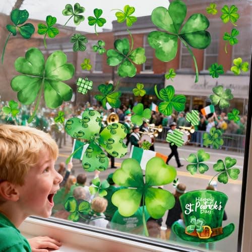 99 PCS St. Patrick’s Day Window Clings – Shamrock Window Stickers for Glass,Double Sided Reusable Static Clings for St. Patrick's Day Decorations,Shamrock Clover Window Decals,No Glue Needed(9 Sheets) - Thumbnail 2