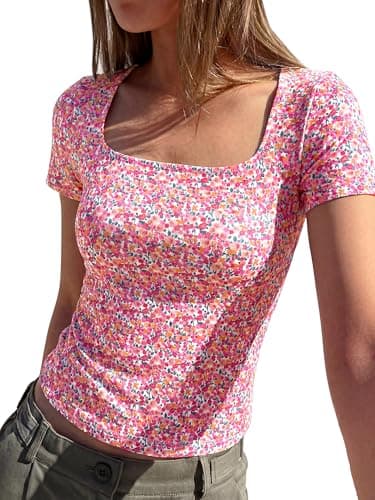 BTFBM Floral Square Neck Tops for Women 2026 Trendy Summer Outfits Short Sleeve Shirts Boho Top Beach Vacation Clothes(White Pink Flower, Medium) - Image 1