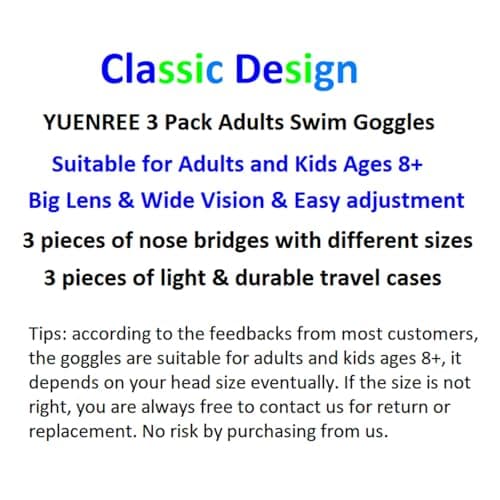 YUENREE 3 Pack Adult Swim Goggles for Men Women Teens Ages 8+ | No Leak Anti-Fog UV Protection | Easy Adjust Non-Slip Strap | with 3 Hard Travel Cases - Thumbnail 2