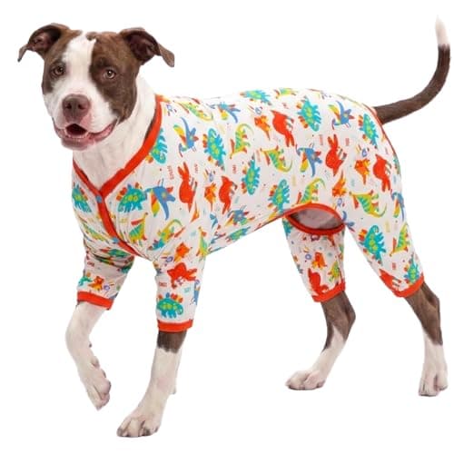 LovinPet Large Dog Pajamas, Undershirt for Dog Coats, Anti Licking, Pitbull Clothes, Pet Anxiety Calming Onesies for Dogs, White Dinos Print, Pet Pajamas for Dogs, Pitbull Shirt, L