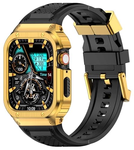 Deczone Band with Stainless Steel Case Compatible with Apple Watch Series SE 3 2 1/6 5 4 44mm, Series 3 2 1 42mm Band, iwatch Bands Rugged Protective Metal Cover for Men (Gold)