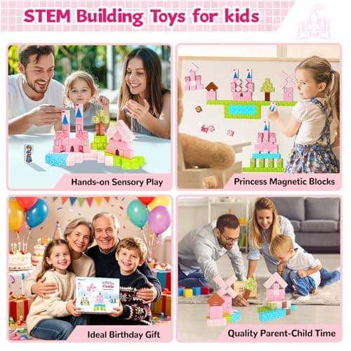 Hiwawind Large Magnetic Blocks 64Pcs (1-Inch), Princess Castle Building Toys, Birthday Gifts for 3 4 5 Year Old Girls, STEM Toddler Travel Toys for Age 3-8 - Thumbnail 6