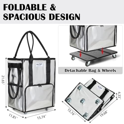 AnsTOP Reusable Grocery Bag on Wheels, 66LBS Foldable Shopping Cart with 5 Smooth Caster Wheels Zippered Top, Rolling Tote with Multiple Pockets for Groceries, Laundry, Travel, Camping,Medium,Silver - Thumbnail 3