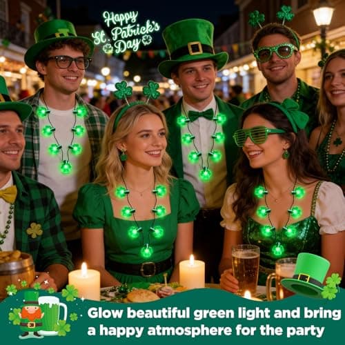 REBANDEN 6PCS St Patrick’s Day Light Up Shamrock Necklace, Glow Clover Necklace Irish Party Accessories and Favors for Adults Teens - Thumbnail 6