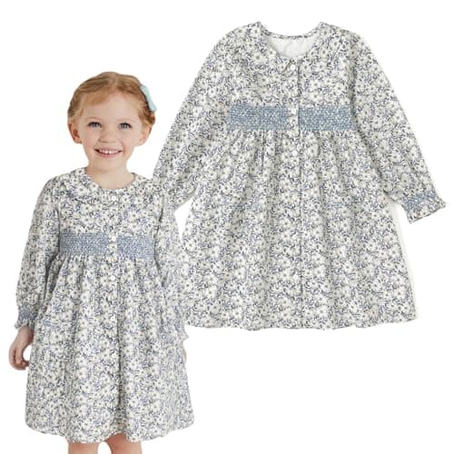 Curipeer Toddler Girl Long Sleeve Smocked Floral Dress Little Girls Cotton Dark Blue Floral Smocked Dress in Fall and Spring Blue 8T - Image 1