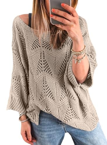 Acelitt Womens Casual Fall Long Sleeve Crewneck Off Shoulder Lightweight Loose 2026 Crochet Knit Pullover Sweaters Tops Khaki Medium - Image 1