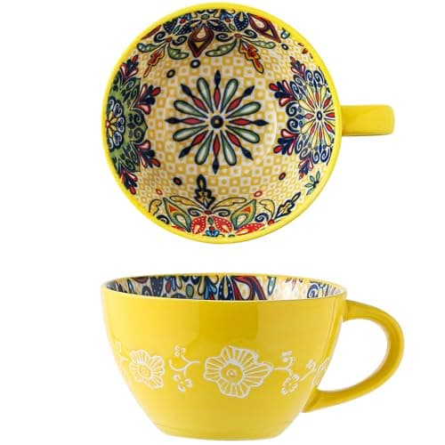 JINNTHE Yellow Ceramic Mug, Bohemian Hand-Painted, 15 Oz Large Coffee Cup for Milk, Tea, Breakfast, Dishwasher & Microwave Safe Cup - Image 1