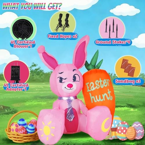 KISSUNY 5.15ft Easter Inflatables Outdoor Decorations Pink Bunny with Orange Carrot Blow Up Yard Decor with Built-in LEDs and Anchor Kit for Easter Egg Hunt Party Garden Lawn Patio Ornament - Thumbnail 4
