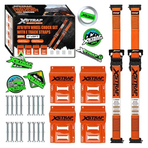 XSTRAP STANDARD Wheel Chock E-Track Tie Down Straps Kit, 2 Pack 2’’ x 9FT Over-The-Tire Ratchet Straps with Steel Wheel Chocks, 1466 lbs WLL for ATV, UTV, Lawn Mower, Trailer Hauling, Orange
