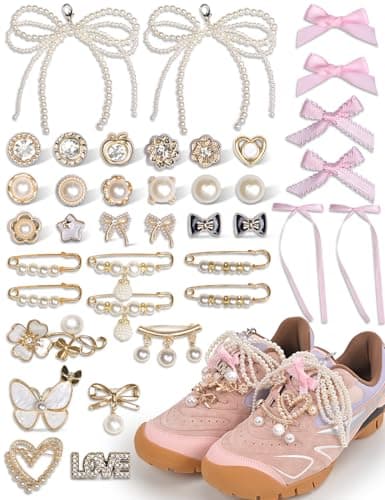 yuboo 39pcs Shoe Charms for Sneakers- Junk Socks Charms Kit Contain Brooches/Pink Bows/Clips/Jewelry, Pearl Charm Accessories for Girls/Women/Mom Clothes Bag Hat - Image 1