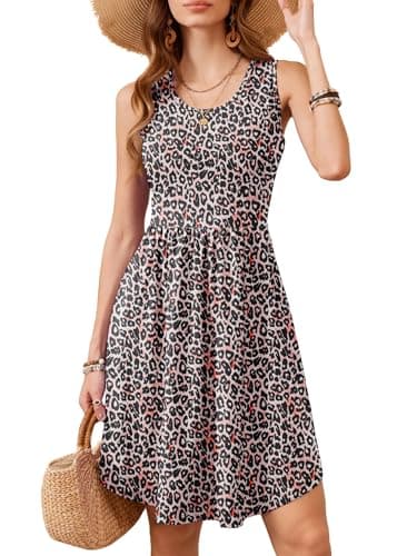 Moodclo Casual Sleeveless Dress for Women Fancy Peachy Leopard Medium Summer Sundress with Pockets A-Line Beach Vacation Tank Dress - Image 1