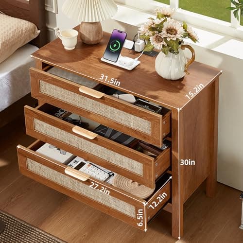 LEYAOYAO 31.5" Wide Rattan Night Stand with Charger Station, Large Boho 3 Drawer Nightstand, Teac Brown Bedside Table with Storage, 30" Tall Bed Side End Tables for Bedroom, Living Room, Hallway - Thumbnail 2