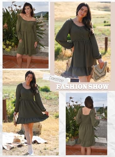 Dokotoo Womens Elegant Dresses 2026 Fashion Crewneck Long Sleeve Empire Waist Dress Casual Ruffle Trim Smocked Flowy Mini Dress Green Medium - Thumbnail 6