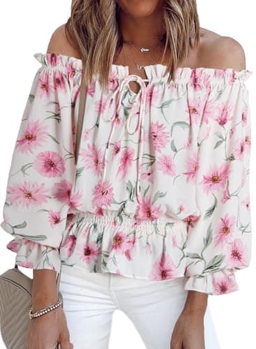 BLENCOT Womens Summer Tops Sexy Off Shoulder Front Knot Ruffled Blouses Casual 3/4 Sleeve Floral Regular Pullovers Small - Image 1
