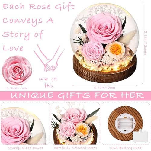 Eaprala Gifts for Her Preserved Flower Rose in Glass Dome Gifts for Women Mom Wife on Birthday Chrismas,Home Decoration.Pink - Thumbnail 3