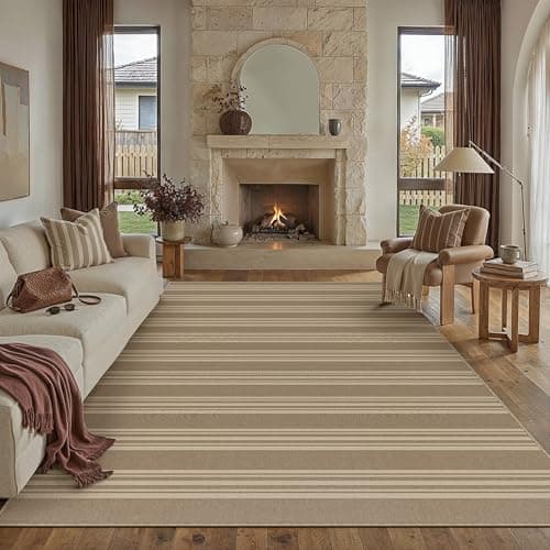 PureCozy Striped Easy Jute Rug 8x10 Khaki Living Room Carpet Washable Non Slip Bedroom Rug Farmhouse Neutral Non Shedding Indoor Outdoor Large Carpet for Dining Room Under Table Office - Image 1
