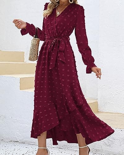 BTFBM Long Sleeve Maxi Dresses for Women V Neck Swiss Dot Boho Flowy Slit Cocktail Wedding Guest Dress Fall Clothes 2025(Wine Red, Medium) - Thumbnail 4