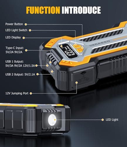 Car Jump Starter, VACASSO 5000A Car Battery Jump Starter for Up to 10L Gas and 8L Diesel Engines, 12V Portable Jumper Starter Power Pack with Booster Car Starter Jump Box, LED Light, Jumper Cable - Thumbnail 6