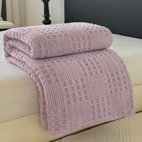Throw Blanket for Couch or Bed，Waffle Weave Jacquard Decorative Blankets - Cozy Soft Lightweight Fuzzy Flannel Blanket(Purple,60x80in) - Image 1