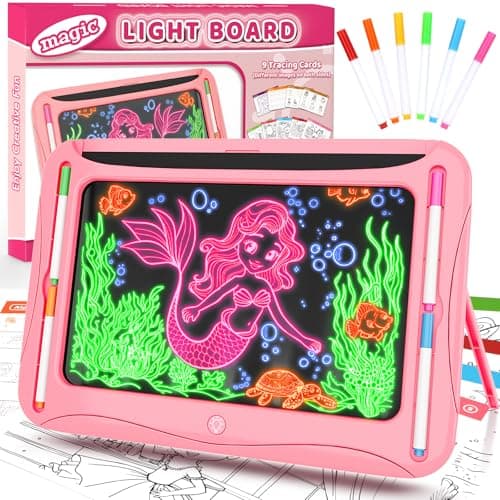 Magic LED Drawing Board for Kids, Girl Toys for Ages 5-7, Christmas Birthday Gifts, Light Up Tracing Pad, 9 Double-Sided Cards, 6 Markers, Neon Effect Doodle Writing Tablet, Arts Crafts Learning Toy - Image 1