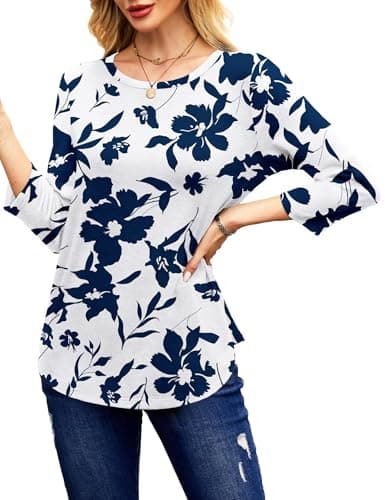 NORACORA Women's 3/4 Length Sleeve Crew Neck T-Shirt - Printed Casual Basic Tops White Blue - Thumbnail 3