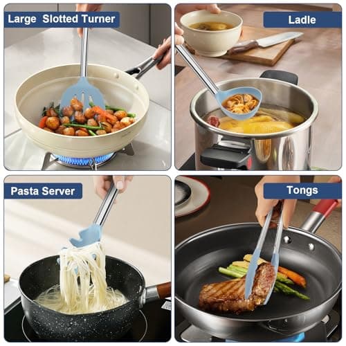 8PCS Kitchen Utensils Set, Vayvnt Heat Resistant Silicone Utensils Set for Cooking, Non Scratch Spatula Spoons for Non Stick Pan, Large Kitchen Cooking Tools, Metal Long Handle&Dishwasher Safe, Blue - Thumbnail 6