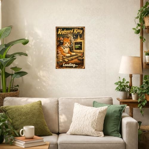 Keyboard Kitty Vintage Tin Sign Funny Cat Wall Decor Retro Computer Art Metal Plaque Geek Humor Loading Quote Coffee Desk Illustration Home Office 8x12 Inch Pre Drilled Holes - Thumbnail 4