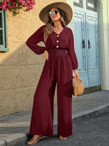 LOOKBOHO Womens Long Sleeve Jumpsuits 2026 V Neck High Waist Wide Leg Romper Dressy Casual One Piece Outfits Wine Red Medium - Thumbnail 2