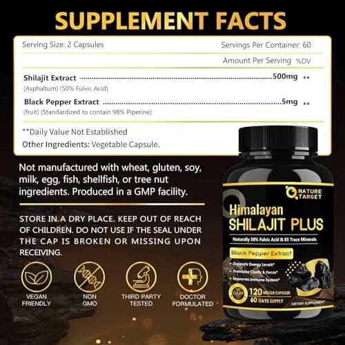 NATURE TARGET Shilajit | Shilajit for Men & Women | Fulvic Acid & Trace Minerals | 500mg Maximum Potency Better Than Shilajit Resin | 120 Capsules - Thumbnail 2