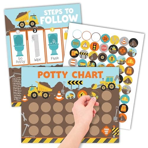 Hadley Designs Potty Training Chart for Toddlers Boys -10 Sticker Potty Chart for Toddlers Boys, 8.5x11" Potty Training Sticker Charts for Toilet Success, Construction Toddler Reward Chart for Kids