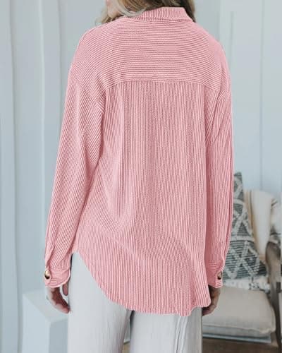 PRETTYGARDEN Women's Button Down Shirts 2026 Spring Long Sleeve Textured Tops Oversized Shacket Jacket Knit Blouses(Light Pink,Large) - Thumbnail 5