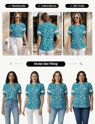 GRACE KARIN Women Boho Floral Tops, Summer Short Eyelet Sleeve Dressy Casual Shirts, Spring Button Down Blouse 2026 Trendy Blue X-Large - Thumbnail 6