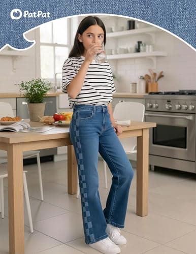 PATPAT Girls Jeans Denim Y2K Elastic Wasit Wide Leg Baggy Jean Trendy Preppy Pants Kids Clothes with Pockets 7-8 Years - Thumbnail 4