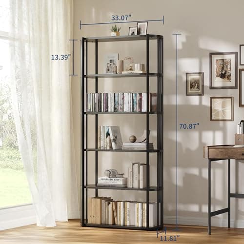 GarveeHome 71" Tall Book Shelf, Freestanding 6-Tier Wood Bookshelf with Sturdy Metal Frame, Modern Industrial Style Display Bookcase for Living Room, Bedroom, Home Office, Black - Thumbnail 2