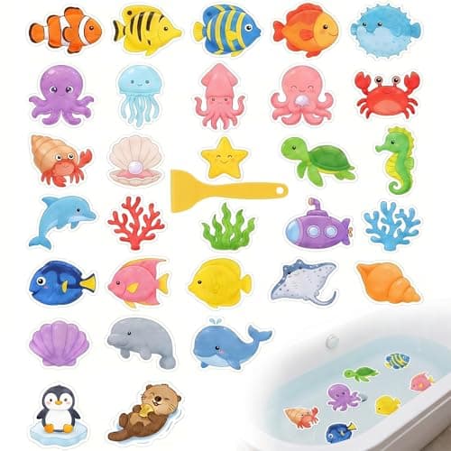 Anki HappiGo Non Slip Bathtub Stickers, 30PCS Sea Creature Anti Slip Bath Tub Treads, Adhesive Waterproof Decals for Toddler Bath & Shower Safety with Scraper