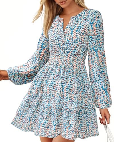 BTFBM Long Sleeve Dress for Women 2026 Spring Summer Mini Elastic Waist Floral Boho Beach Vacation Wedding Guest Dresses(Floral Blue White, Large) - Image 1