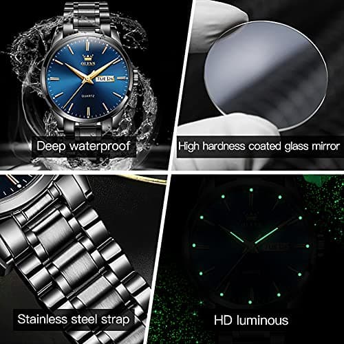 OLEVS Watch Men Black Stainless Steel Waterproof Blue Mens Watches Large Face Dress Casual Day and Date Watches for Men Luxury Wrist Watch for Man Classic Analog Quartz Reloj para Hombre - Thumbnail 5
