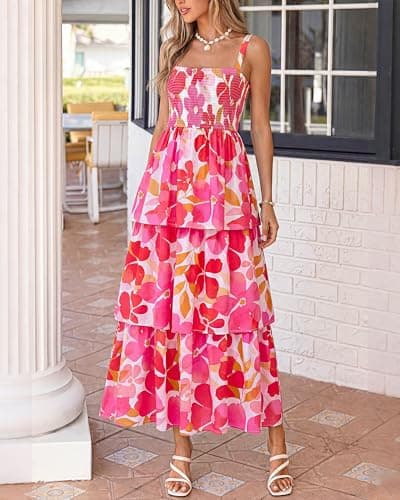 BTFBM Summer Dresses for Women 2026 Floral Spaghetti Strap Wedding Guest Dress Maxi Beach Vacation Clothes(Floral White Pink,X-Large) - Thumbnail 4