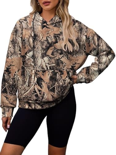 Bellcoco Womens Camo Hoodies Maple Leaf Print Fleece Sweatshirt Long Sleeve Pullover Tops Hooded Fall Winter Clothes Tan M - Image 1