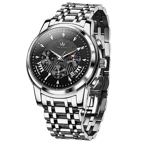 OLEVS Watch Men Black and Silver Watches for Men Luxury Stainless Steel Mens Watches Waterproof Luminous Large Face Classic Chronograph Analog Quartz Mens Wrist Watch Date Dress Reloj para Hombre