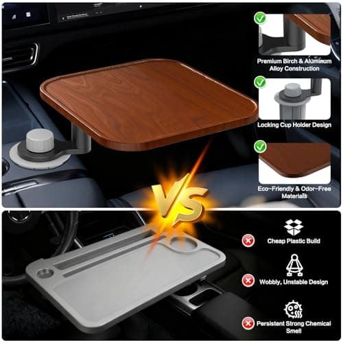 360° Rotation Car Desk for Laptop, Height-Adjustable Cup Holder Table, Wooden Car Food Tray & Laptop Mount Compatible with Tesla Model Y/3/S, Ford F150/Explorer/Maverick & Most Vehicles (Warm Walnut) - Thumbnail 5