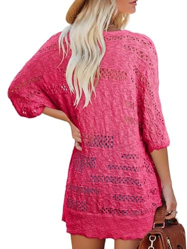 KISSMODA Summer Crochet Lightweight Cardigans for Women Rose Oversized Short Sleeve Boho Open Front Cardigan Sweater for Art Gallery Visits S - Thumbnail 6