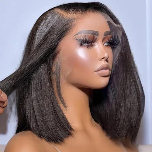 FFEGG Bob Wig Human Hair 13x4 Short Straight Bob Lace Frontal Wigs for Black Women Human Hair Pre Plucked Glueless 180% Density Black Color 10 Inch - Image 1
