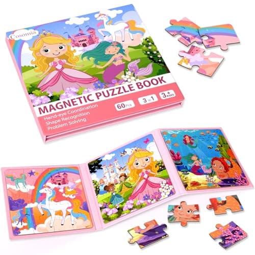 Cosomia Magnetic Puzzles for Kids 3-5, 3-in-1 Princess Unicorn Mermaid Travel Puzzles for Kids Ages 4-6, Car Airplane Road Trip Activities Toys, Easter Day Gifts for Girls