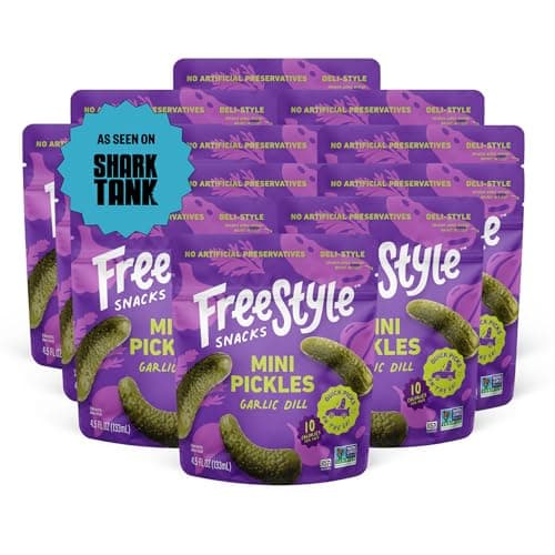 Freestyle Snacks Mini Pickle Snack Packs - Garlic Dill - All Natural, Fresh-Packed Deli-Style Pickles - Non-GMO, Kosher, Gluten-Free, Low Calorie Snacks - 4.5 Ounce (12 Pack)