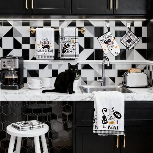 Vetoxka 8 PCS Black Cat Decor Kitchen Decor and Accessories - 4 Dish Towels Set 2 Oven Mitts and Pot Holders Sets for Cat Lover Cooking Baking Cute Kitty Kitten Plaid Lightweight Housewarming Gifts - Thumbnail 2