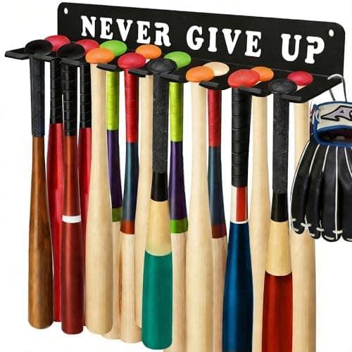 Conwithna Baseball Softball Bat Holder Wall Mount Storage Rack Metal Hanger Home Field Organizer Equipment Sports Hook Hanging Holds 14 Bats Carabiners Included Never Give UP - Image 1