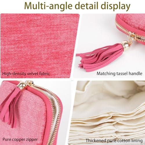 ASINGYER Travel Jewelry Storage Bag for Women, Velvet Portable Jewelry Organizer with Tassel Zipper, Small Pouches for Bracelets Necklaces Rings Earrings, Wedding Gift for Women (hot pink) - Thumbnail 5
